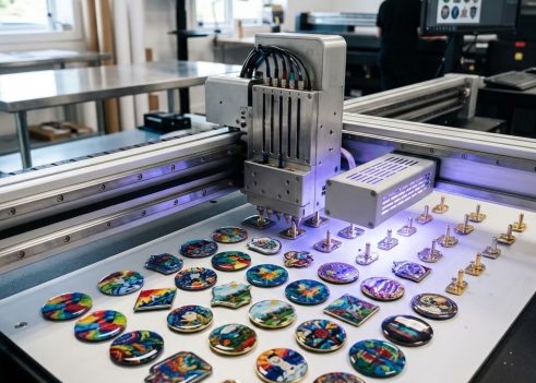 custom UV-printed pins being produced using a UV flatbed printing machine.deira